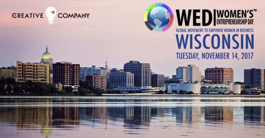 Downtown Madison with Lake Monona with WED 2017 logo and TCC logo