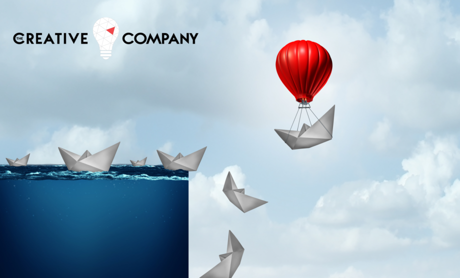 Time to Rise The Creative Company logo with paper boats floating and one lifted by red balloon, Time to Rise - How to walk through the biggest leadership challenge of your life.