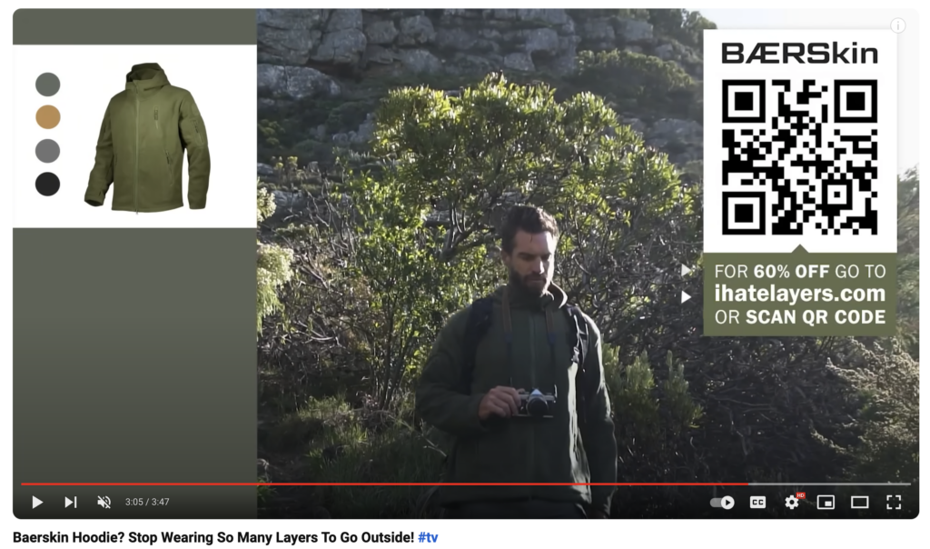 Image: Screenshot of teh BAERSkin YouTube add showing a 60% off coupon and supportive call to action