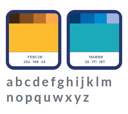 Orange and teal color palettes with hex codes and a lowercase alphabet