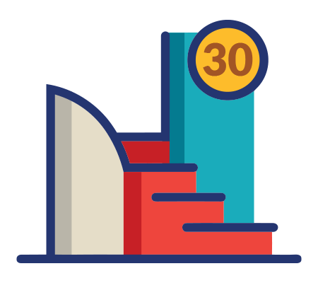 Stylized growth chart with red steps and a teal bar marked with a yellow badge showing the number 30