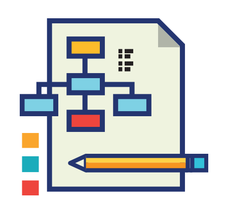 Workflow diagram on a document with a pencil, symbolizing process mapping or project planning