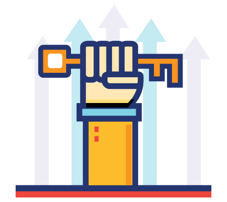 Raised hand holding a key with upward arrows, symbolizing access, empowerment, or unlocking growth