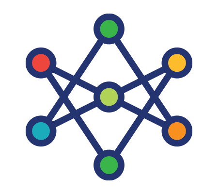 Network diagram with colorful connected nodes forming a geometric structure