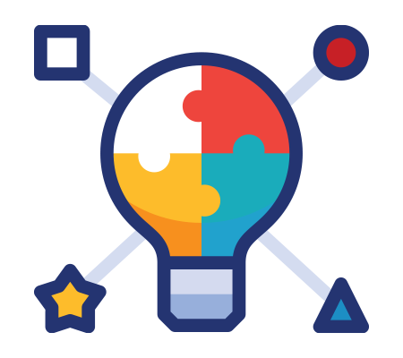 Lightbulb made of colorful puzzle pieces with geometric shapes radiating from it