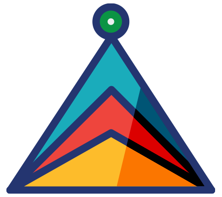 Multicolored triangular icon with layered segments and a green circle at the top