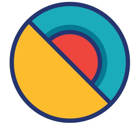 Colorful segmented circle icon with overlapping red, teal, and yellow shapes