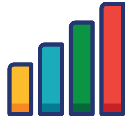 Colorful vertical bar chart with four ascending bars in yellow, blue, green, and red