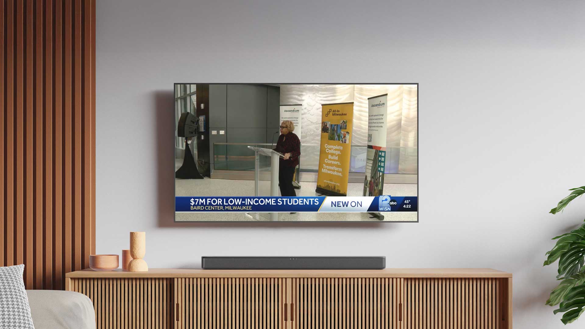 Television news coverage of Ascendium Education Group’s $7 million commitment to low-income students, highlighting public relations outreach.