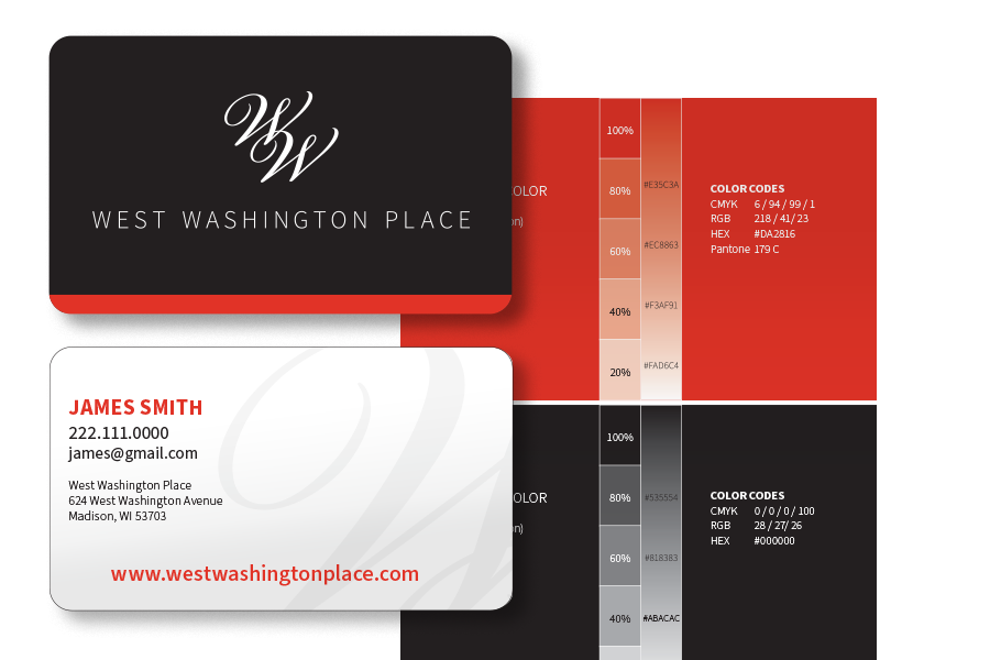 West Washington Place business card designs with brand colors and hex codes in red, black, and gray