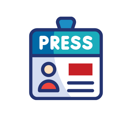 Press badge with photo, text lines, and bold label reading PRESS at the top