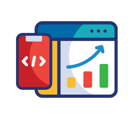 Mobile device with code symbol next to a web page showing a growth chart and bar graph