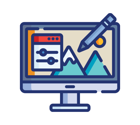 Computer screen showing image editing with mountains, sliders, and a pencil tool