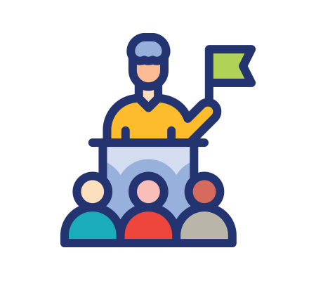 Speaker holding a flag at a podium in front of an audience, representing leadership or presentation