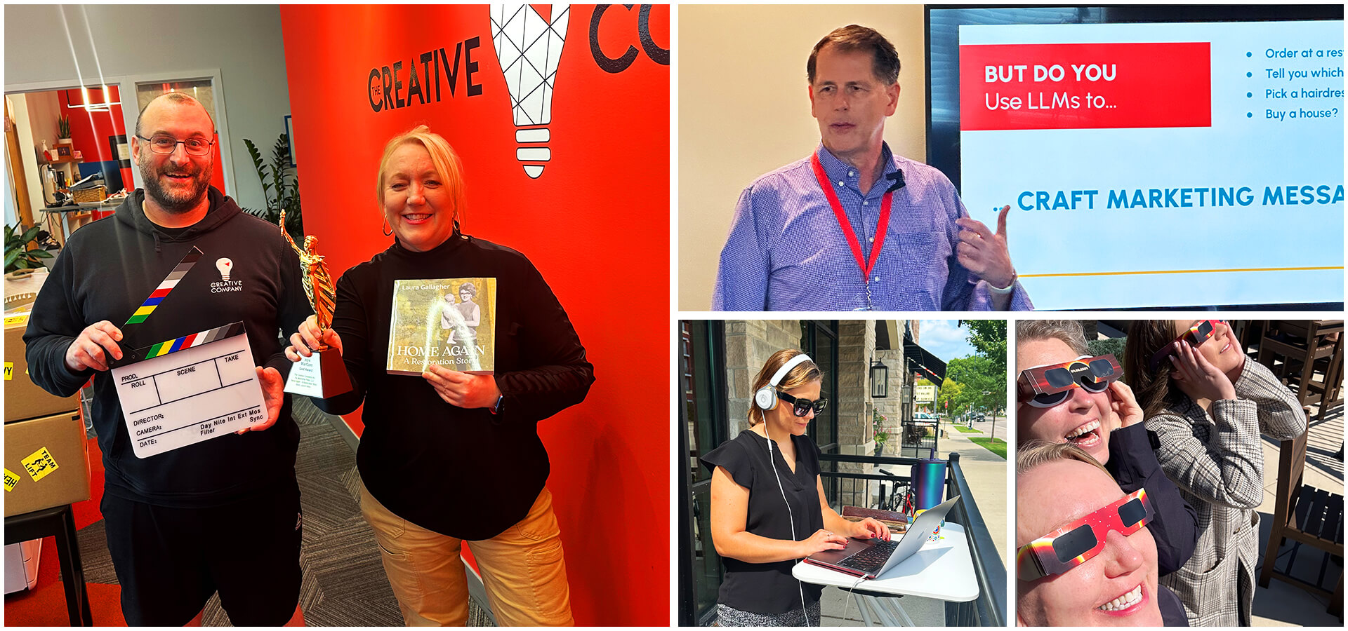 Collage of Creative Company team members at events, with magazines, speaking, and viewing an eclipse