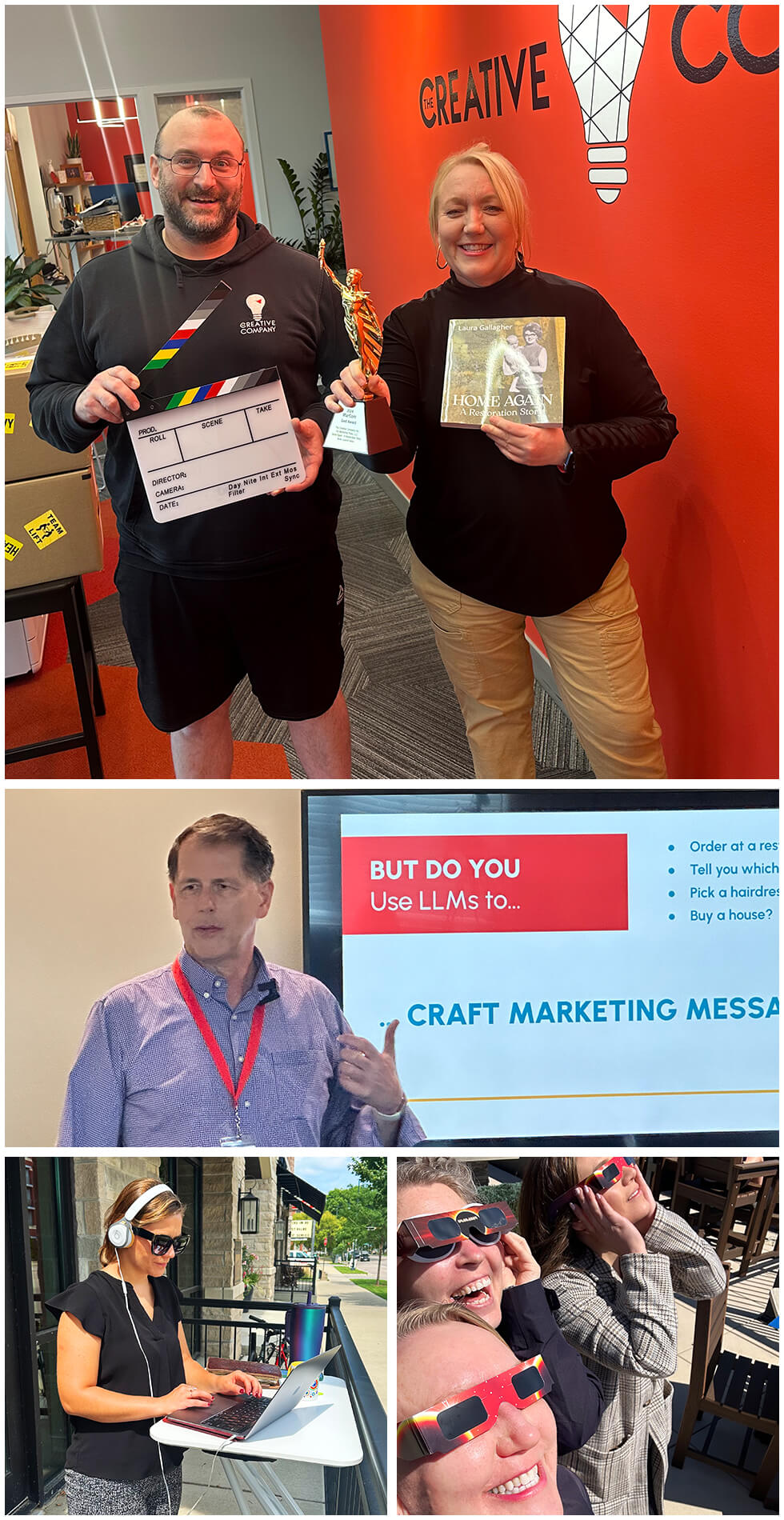 Collage of Creative Company team members at events, with magazines, speaking, and viewing an eclipse