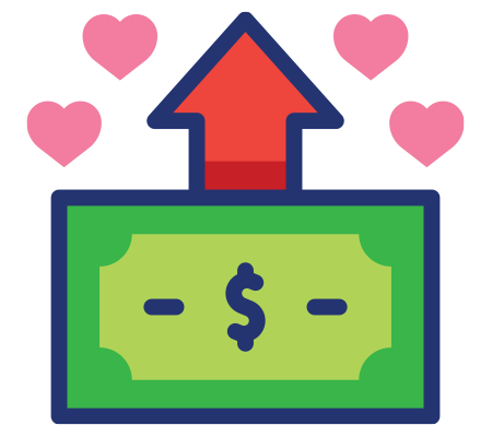 Icon of a dollar bill with upward arrow and hearts, symbolizing financial growth and satisfaction
