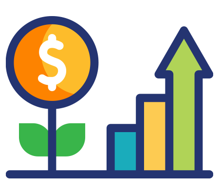 Icon of a growing plant with a dollar sign and rising bar chart, representing financial growth