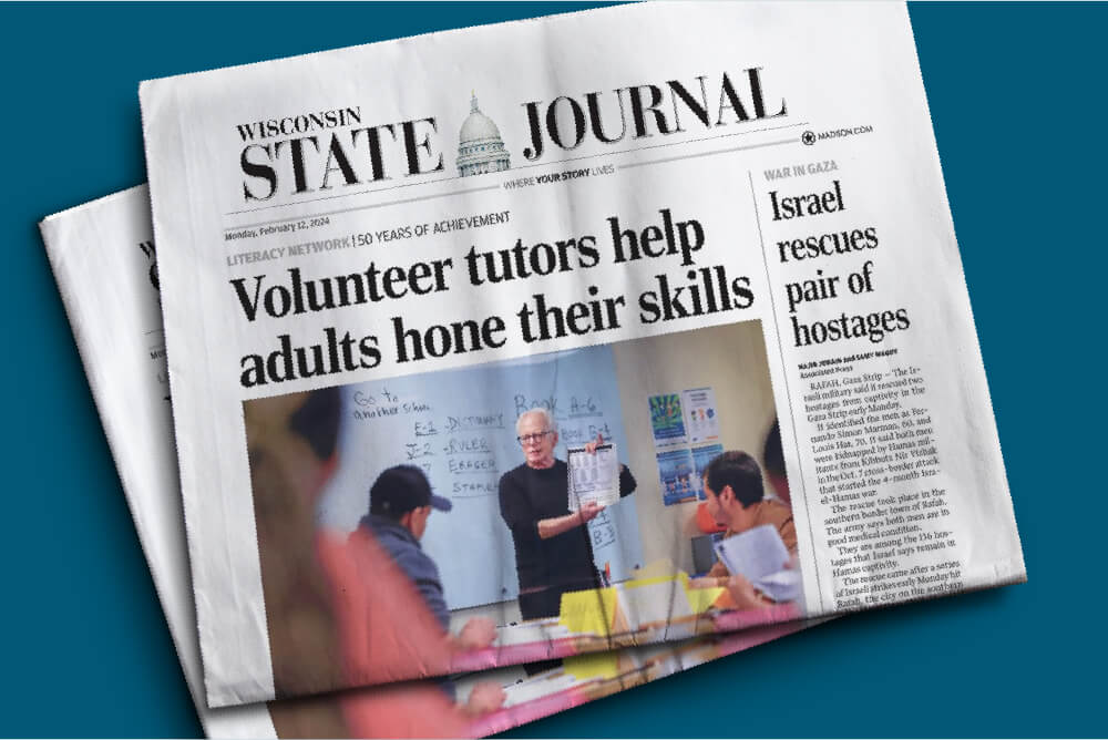 Wisconsin State Journal cover story highlighting Literacy Network's volunteer tutoring, supported by Ascendium.