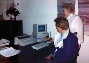 In the beginning. (1989) Laura showing her father the new Mac Plus computer