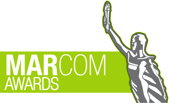 MARCOM Awards logo featuring a silver statuette with an outstretched arm on a green background