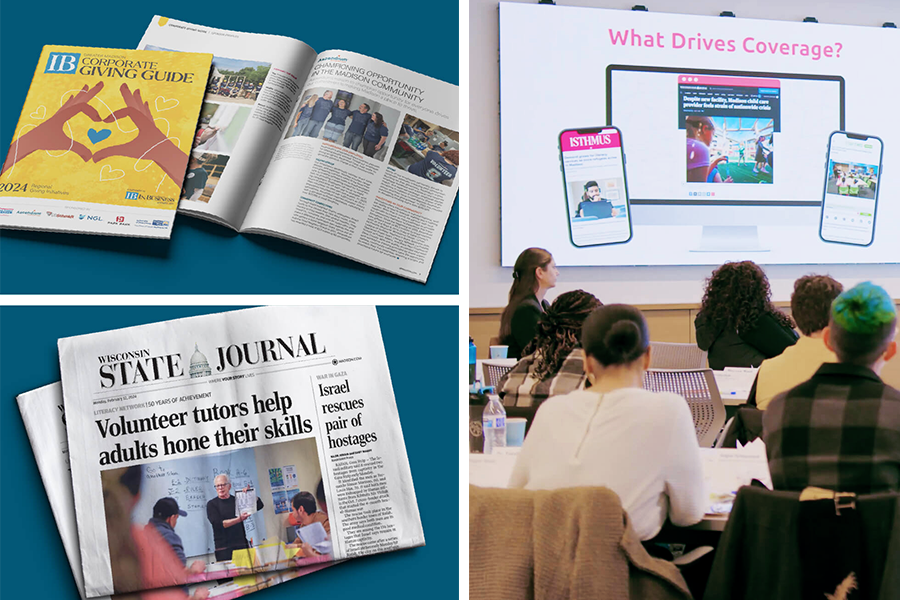 Collage of media exposure and education including magazines, newspapers, and a classroom presentation on media coverage