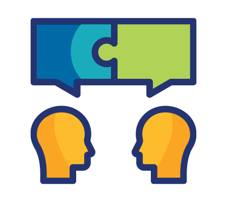 Two heads with interlocking speech bubbles representing communication