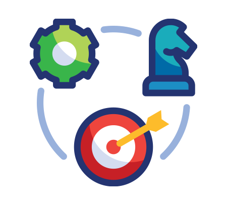 Gear, chess knight, and bullseye target connected by a circular path symbolizing strategy and execution