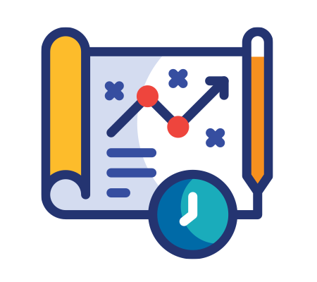 Strategy map with timeline and data points, featuring a clock and upward arrow path