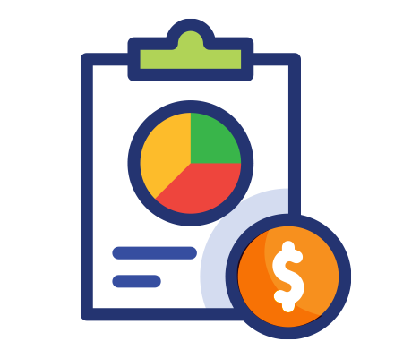 Clipboard with pie chart and dollar sign icon, representing financial report or budget summary