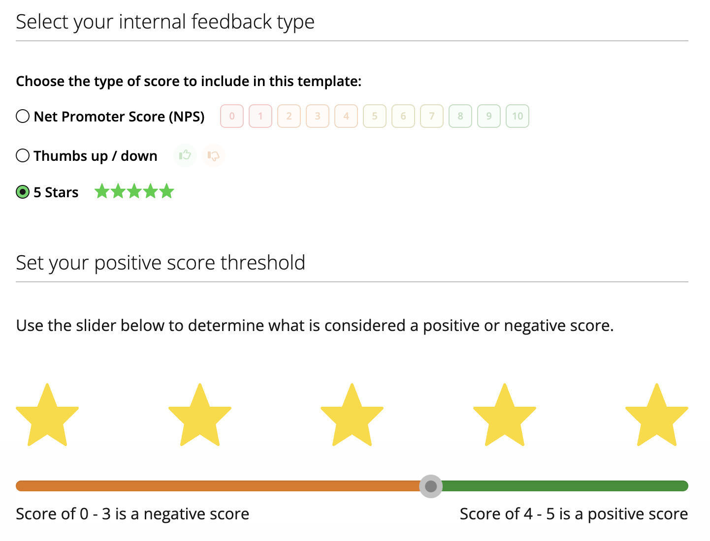 Interface for selecting an internal feedback type. Options include Net Promoter Score (0–10 scale), thumbs up/down, and a selected 5-star rating system. Below, a slider sets the positive score threshold, indicating scores of 0–3 as negative and 4–5 as positive.