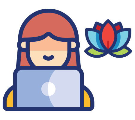 Icon of a woman working on a laptop with a lotus flower, representing calm productivity