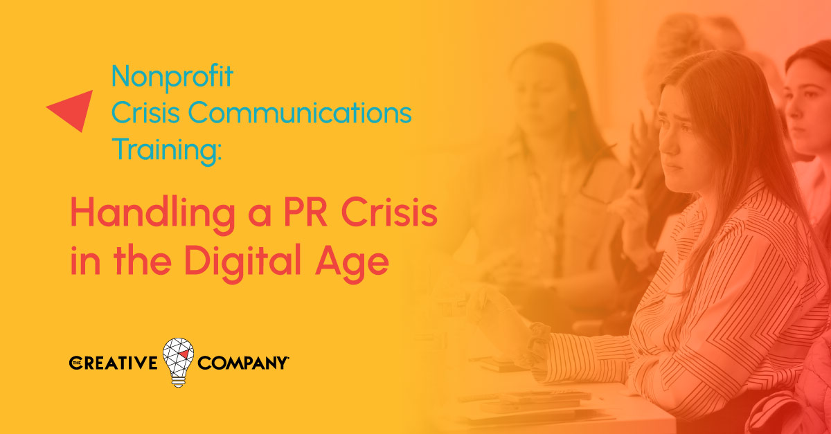 Promotional graphic for a public relations training titled “Handling a PR Crisis in the Digital Age,” hosted in Madison, WI by Ascendium Education Group and Presented by The Creative Company.