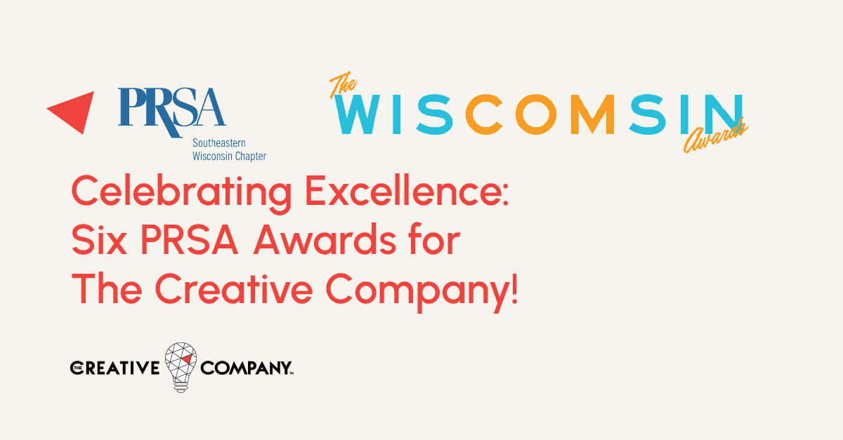 Promotional graphic celebrating six PRSA public relations awards won by The Creative Company in Madison, WI at the 2025 WisCOMsin Awards.