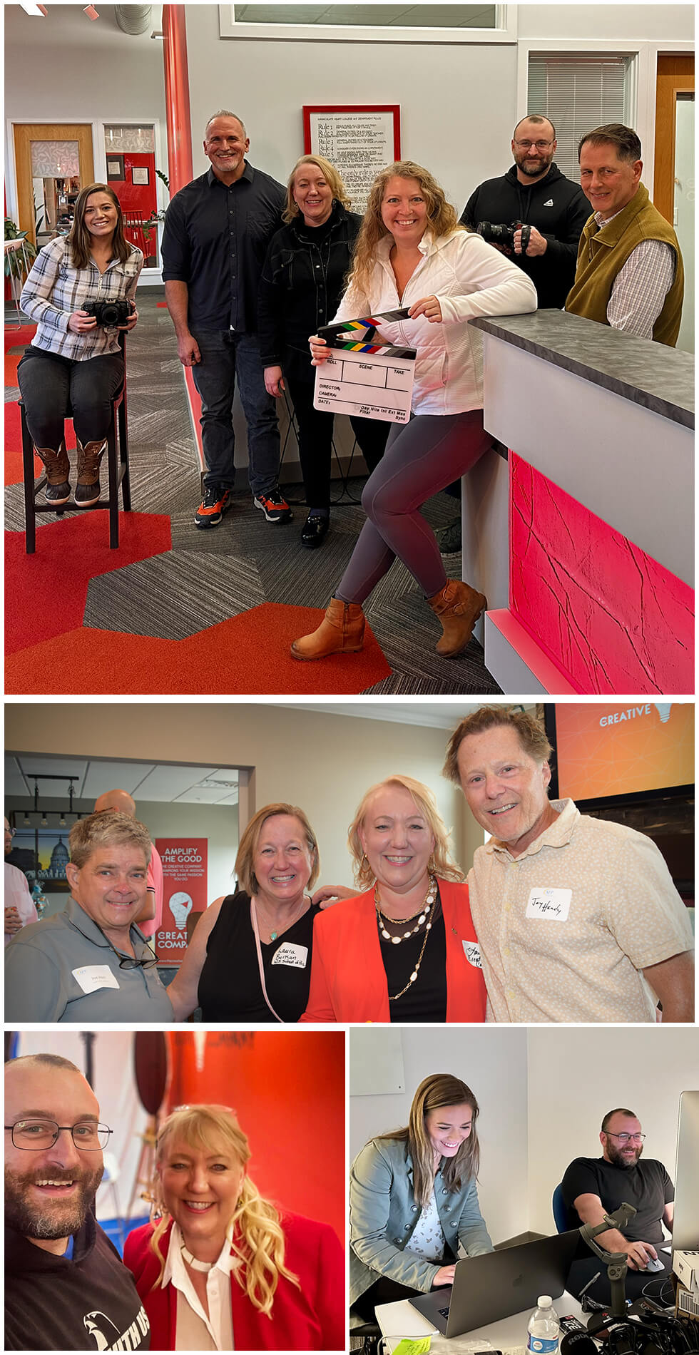 Collage of Creative Company team photos, including rooftop group shot, events, and unboxing moments