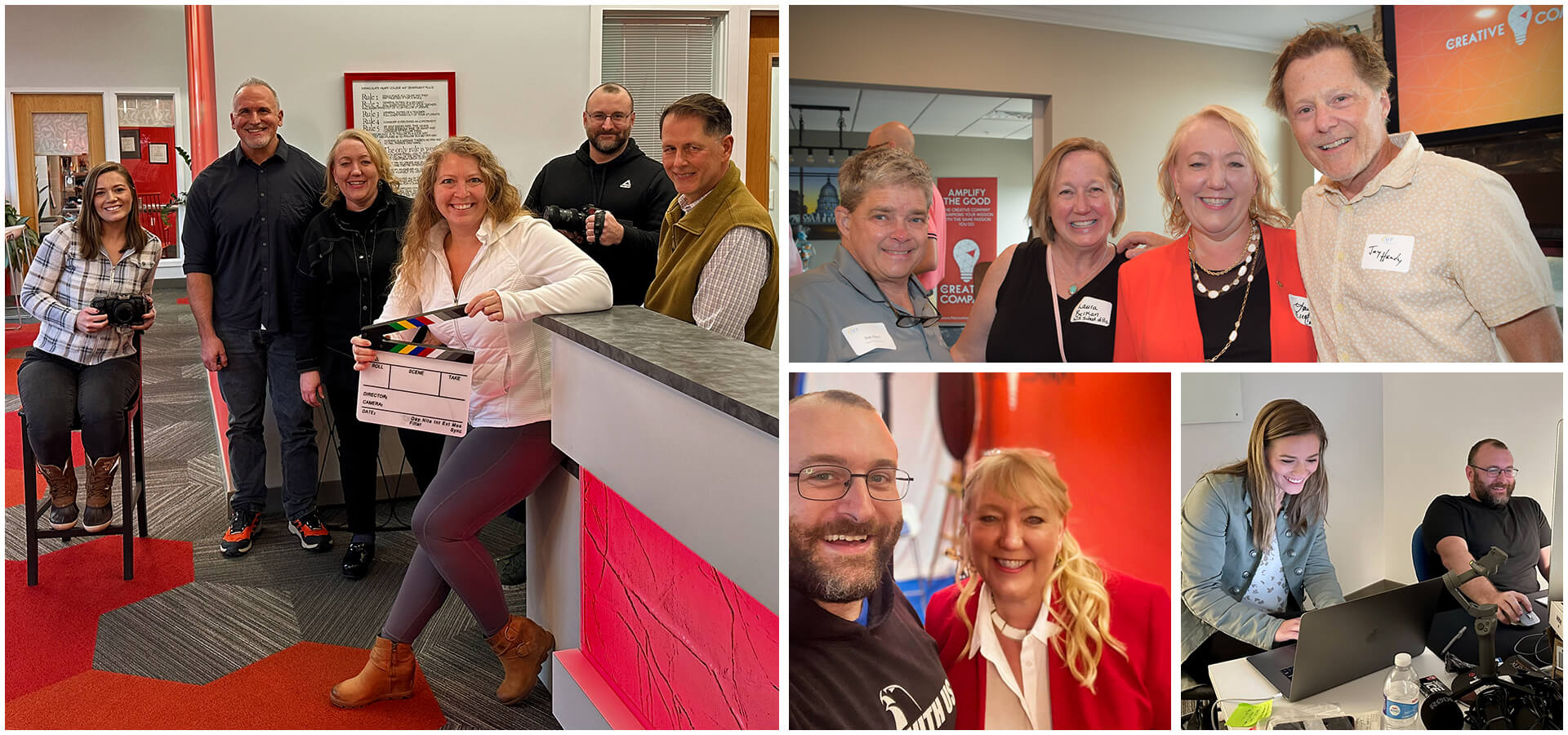 Collage of Creative Company team photos, including rooftop group shot, events, and unboxing moments