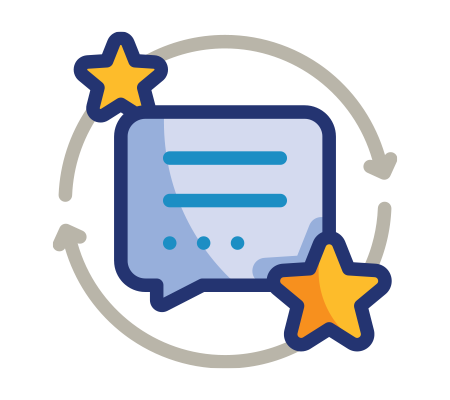 Speech bubble icon with stars and circular arrows, symbolizing feedback and continuous improvement