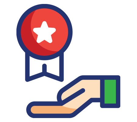 Open hand holding a red award ribbon with a white star