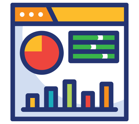 Icon of a digital dashboard with pie chart, bar chart, and data rows