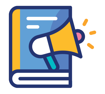 Illustration of a megaphone projecting from a closed book, symbolizing communication or announcements