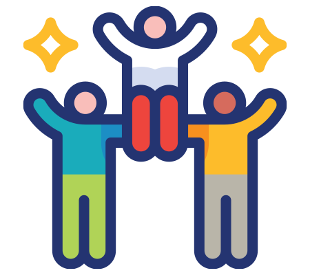 Icon of two people lifting another in celebration, symbolizing success and teamwork