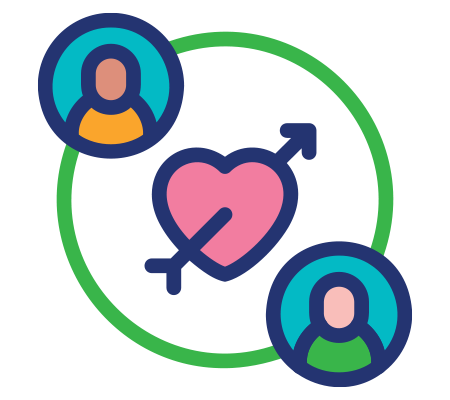 Two people connected by a heart with an arrow inside a green circle, symbolizing relationship or connection