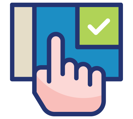 Hand icon selecting an option on a touchscreen interface with a checkmark indicator