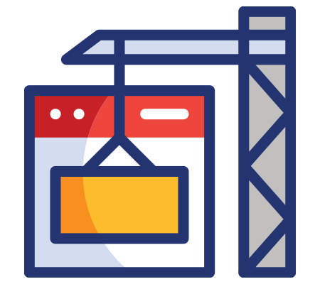Construction crane lifting a webpage icon, symbolizing website development or construction