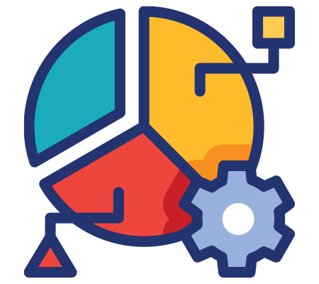 Segmented pie chart with a gear and connector nodes, symbolizing data analysis and system optimization